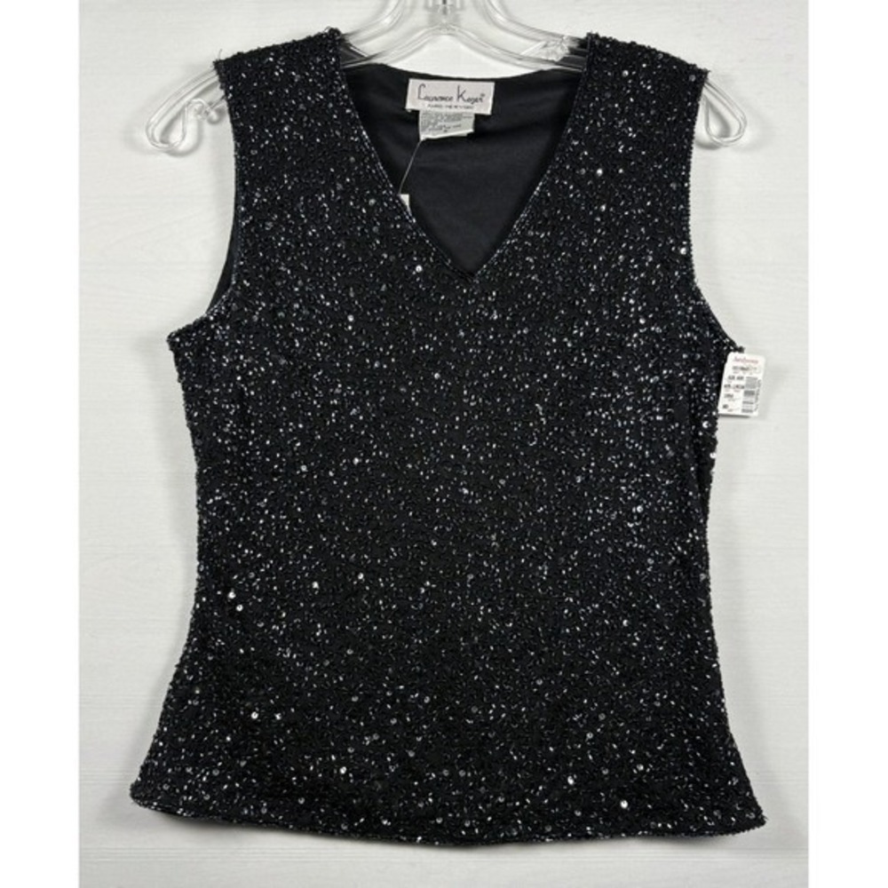 Laurence Kazar Vintage Black Beaded Sequin V-Neck Sleeveless Evening Top NWT